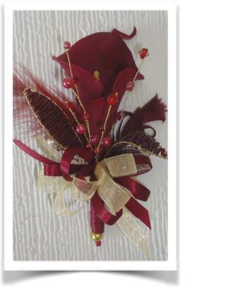Burgundy/Deep Red & Gold Calla Lily & gem Corsage
